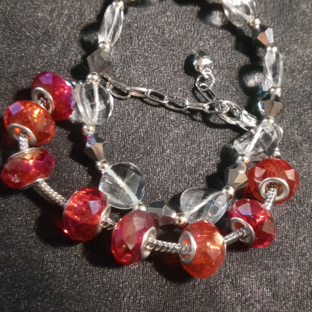 Red Charm Bracelet And Silver & Crystal Cut Glass Bead Bracelet Expandable